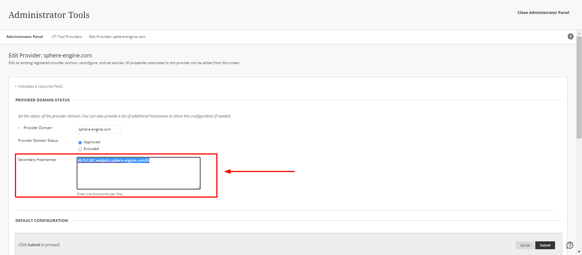 Blackboard - LTI Tool Providers - Edit Provider - Secondary Hostnames